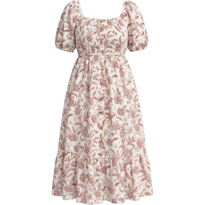 image:imagePlus Size Summer Dresses  Boho Casual Wedding Guest Midi Flowy Short Sleeves Smocked Button Down Dress for Curvy WomenBeige Floral