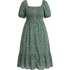 image:imagePlus Size Summer Dresses  Boho Casual Wedding Guest Midi Flowy Short Sleeves Smocked Button Down Dress for Curvy WomenGreen Floral