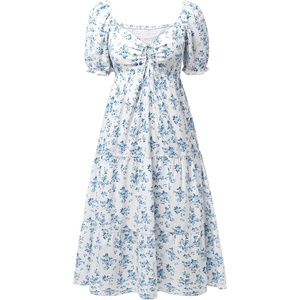 image:imagePlus Size Summer Dresses  Sweetheart Neck Drawstring Puff Sleeve Casual Tiered Aline Flowy Midi DressBlue Floral