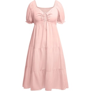 image:imagePlus Size Summer Dresses  Sweetheart Neck Drawstring Puff Sleeve Casual Tiered Aline Flowy Midi DressPink