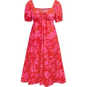 image:imagePlus Size Summer Dresses  Sweetheart Neck Drawstring Puff Sleeve Casual Tiered Aline Flowy Midi DressRed Floral