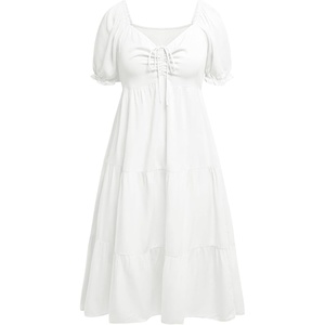 image:imagePlus Size Summer Dresses  Sweetheart Neck Drawstring Puff Sleeve Casual Tiered Aline Flowy Midi DressWhite