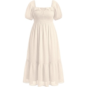 image:imagePlus Size Summer Dresses  Swiss Dot Smocked Square Neck Puff Sleeve Boho Maternity Maxi Dress for Baby Shower Wedding GuestBeige