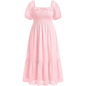 image:imagePlus Size Summer Dresses  Swiss Dot Smocked Square Neck Puff Sleeve Boho Maternity Maxi Dress for Baby Shower Wedding GuestPink