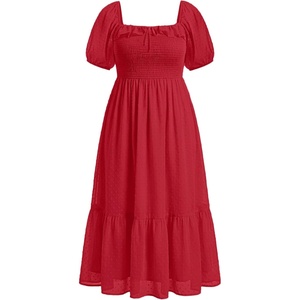 image:imagePlus Size Summer Dresses  Swiss Dot Smocked Square Neck Puff Sleeve Boho Maternity Maxi Dress for Baby Shower Wedding GuestRed