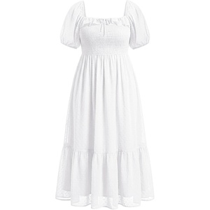 image:imagePlus Size Summer Dresses  Swiss Dot Smocked Square Neck Puff Sleeve Boho Maternity Maxi Dress for Baby Shower Wedding GuestWhite