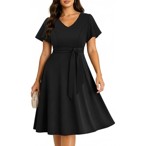image:imagePlus Size Wedding Guest Dress  Cocktail Formal Fall Short Sleeve V Neck ALine Midi Dresses for Women 2025Black
