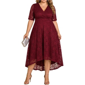 image:imagePlus Size Wedding Guest Dress  Lace Cocktail Formal Faux Wrap V Neck High Low Short Sleeve Party Maxi DressesBurgundy