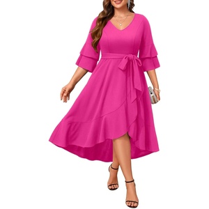 image:imagePlus Size Wedding Guest Dress  Semi Formal Double Bell Sleeve V Neck High Low Split Ruffle Cocktail Dresses with BeltHot Pink