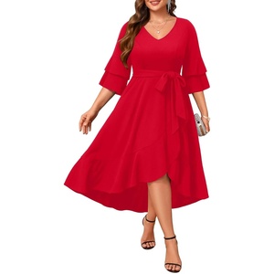 image:imagePlus Size Wedding Guest Dress  Semi Formal Double Bell Sleeve V Neck High Low Split Ruffle Cocktail Dresses with BeltRed