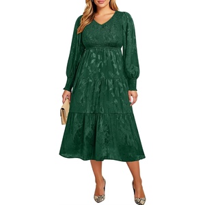 image:imagePlus Size Wedding Guest Dress  V Neck Floral Smocked Puff Sleeve Summer Fall A Line Tiered Flowy Midi Dresses 2025Dark Green