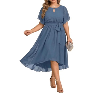 image:imagePlus Size Wedding Guest Dress Dusty Blue Formal Mother of the Bride Chiffon Keyhole Neck Short Sleeve High Low Dress