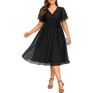 image:imageTALISEA Plus Size Dresses Wedding Guest  Formal Cocktail Chiffon Appliques V Neck Ruffle Short Sleeve High Low Dress WomenBlackstraight Hem