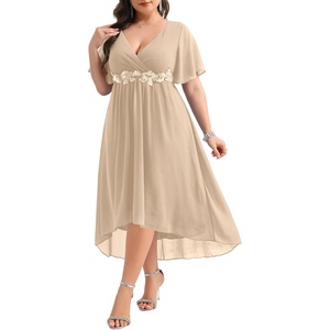 image:imageTALISEA Plus Size Dresses Wedding Guest  Formal Cocktail Chiffon Appliques V Neck Ruffle Short Sleeve High Low Dress WomenChampagne