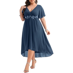 image:imageTALISEA Plus Size Dresses Wedding Guest  Formal Cocktail Chiffon Appliques V Neck Ruffle Short Sleeve High Low Dress WomenNavy Blue