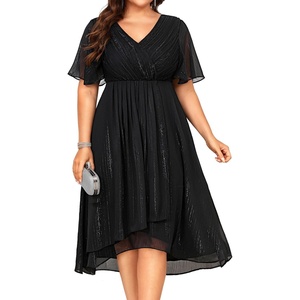 image:imageTalisea Plus Size Cocktail Dress  Formal Wedding Guest Fall Long Sleeve A Line Pleated V Neck Midi Dresses for Curvy WomenBlack Short Sleeve