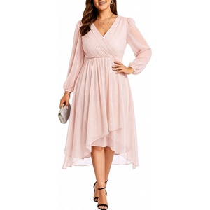 image:imageTalisea Plus Size Cocktail Dress  Formal Wedding Guest Fall Long Sleeve A Line Pleated V Neck Midi Dresses for Curvy WomenPink