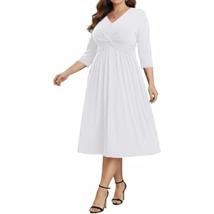 image:imageTalisea Plus Size Dress for Women Twist Knot V Neck 34 Sleeves A Line Wedding Guest Midi DressesWhite