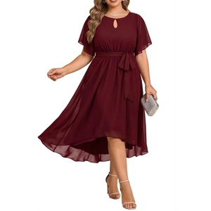 image:imageTalisea Plus Size Dresses Wedding Guest  Formal Cocktail Chiffon Keyhole Neck Short Sleeve High Low Dress Curvy WomenBurgundy