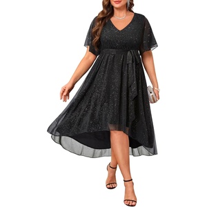 image:imageTalisea Plus Size Dresses Wedding Guest  Formal Cocktail Chiffon V Neck Short Sleeve High Low Dress Curvy WomenBlackglitter