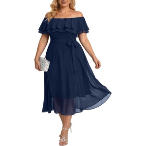 image:imageTalisea Plus Size Dresses Wedding Guest  Formal Ruffle Off The Shoulder Cocktail Chiffon ALine Midi Dress Curvy WomenNavy Blue