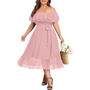 image:imageTalisea Plus Size Dresses Wedding Guest  Formal Ruffle Off The Shoulder Cocktail Chiffon ALine Midi Dress Curvy WomenPink