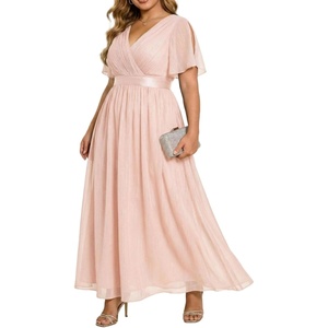 image:imageTalisea Plus Size Formal Dress  Chiffon V Neck Bridesmaid Wedding Guest Party Short Sleeve ALine Floor Length DressesPink