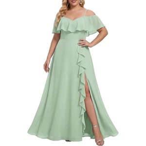 image:imageTalisea Plus Size Formal Dresses  Off Shoulder Chiffon High Slit Ruffle Wedding Guest Bridesmaid Prom Evening DressSage Green