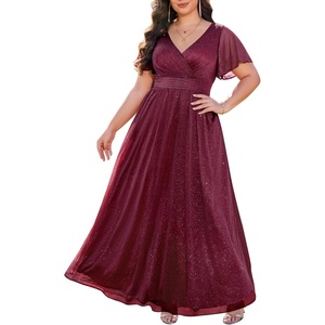 image:imageTalisea Plus Size Formal Dresses  V Neck Flutter Sleeve Glitter Prom Evening Gowns Wedding Guest Chiffon Long Maxi DressBurgundyglitter