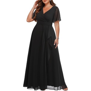 image:imageTalisea Plus Size Formal Dresses  Wedding Guest Bridesmaid Evening Prom Chiffon V Neck Ruffle Short Sleeves Long Dress WomenBlack