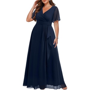 image:imageTalisea Plus Size Formal Dresses  Wedding Guest Bridesmaid Evening Prom Chiffon V Neck Ruffle Short Sleeves Long Dress WomenNavy Blue