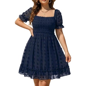 image:imageTalisea Plus Size Square Neck Graduation Summer Casual Sundress Chiffon Swiss Dot Ruffle Flowy Short Smocked DressNavy Blue