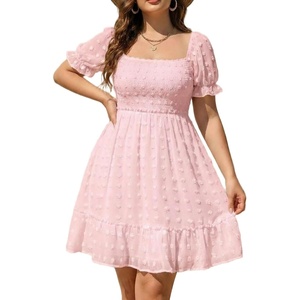 image:imageTalisea Plus Size Square Neck Graduation Summer Casual Sundress Chiffon Swiss Dot Ruffle Flowy Short Smocked DressPink
