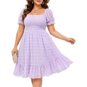 image:imageTalisea Plus Size Square Neck Graduation Summer Casual Sundress Chiffon Swiss Dot Ruffle Flowy Short Smocked DressPurple