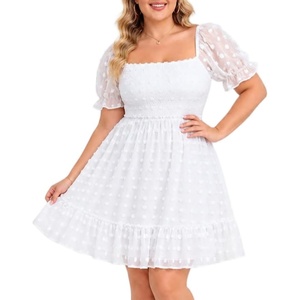image:imageTalisea Plus Size Square Neck Graduation Summer Casual Sundress Chiffon Swiss Dot Ruffle Flowy Short Smocked DressWhite