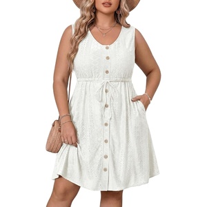 image:imageTalisea Plus Size Summer Dresses  Casual Beach Eyelet Sleeveless Tank V Neck Button Down Swing Short Sundress Pockets WomenWhite