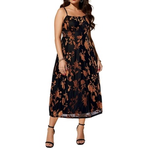 image:imageTalisea Plus Size Wedding Guest Cocktail Party Womens Summer Dress Brown Floral Velvet Sleeveless Spaghetti Strap Midi Dress