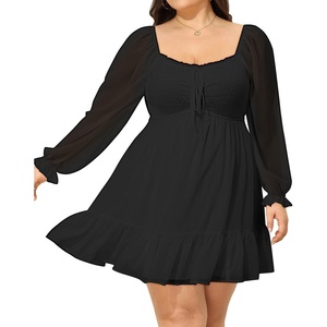 image:imageTalisea Plus Size Womens Sweetheart Neckline Dress Smocked Short Summer Sundress Chiffon Mini Cute Graduation DressesBlack Long Sleeve