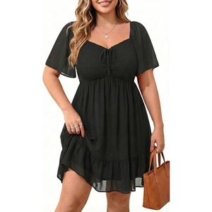 image:imageTalisea Plus Size Womens Sweetheart Neckline Dress Smocked Short Summer Sundress Chiffon Mini Cute Graduation DressesBlack Short Sleeve