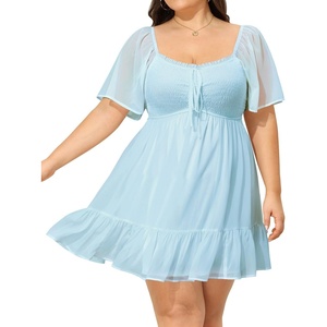 image:imageTalisea Plus Size Womens Sweetheart Neckline Dress Smocked Short Summer Sundress Chiffon Mini Cute Graduation DressesBlue Short Sleeve