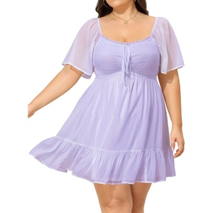 image:imageTalisea Plus Size Womens Sweetheart Neckline Dress Smocked Short Summer Sundress Chiffon Mini Cute Graduation DressesPurple Short Sleeve
