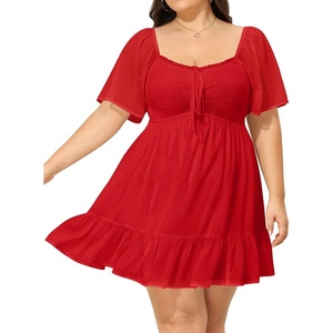 image:imageTalisea Plus Size Womens Sweetheart Neckline Dress Smocked Short Summer Sundress Chiffon Mini Cute Graduation DressesRed Short Sleeve