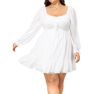 image:imageTalisea Plus Size Womens Sweetheart Neckline Dress Smocked Short Summer Sundress Chiffon Mini Cute Graduation DressesWhite Long Sleeve