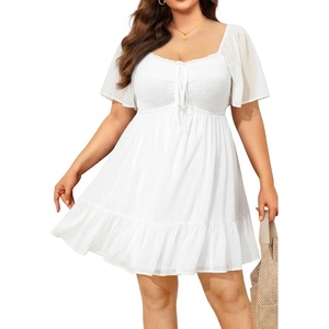 image:imageTalisea Plus Size Womens Sweetheart Neckline Dress Smocked Short Summer Sundress Chiffon Mini Cute Graduation DressesWhite Short Sleeve