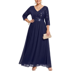 image:imageTalisea Womens Plus Size Formal Dresses  V Neck 34 Sleeve Sequin Prom Evening Gowns Long Maxi DressNavy Blue