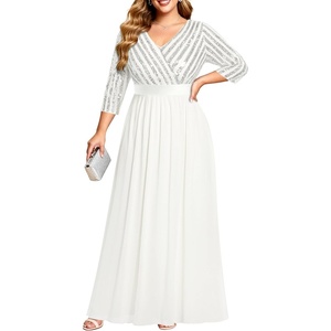image:imageTalisea Womens Plus Size Formal Dresses  V Neck 34 Sleeve Sequin Prom Evening Gowns Long Maxi DressWhite