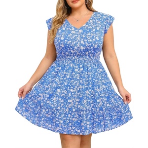 image:imageTalisea Womens Plus Size Summer Dress  Casual Beach Floral Print V Neck Ruffle Sleeve Flowy Short Sundress with PocketsBlue Floral