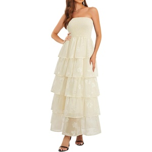 image:imageTalisea Womens Strapless Maxi Dress  Smocked Textured Jacquard Tiered Beach Wedding Guest Summer Boho Dress with LiningBeige