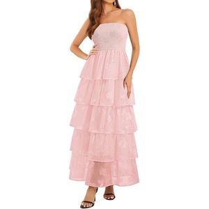 image:imageTalisea Womens Strapless Maxi Dress  Smocked Textured Jacquard Tiered Beach Wedding Guest Summer Boho Dress with LiningPink