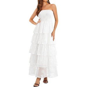 image:imageTalisea Womens Strapless Maxi Dress  Smocked Textured Jacquard Tiered Beach Wedding Guest Summer Boho Dress with LiningWhite
